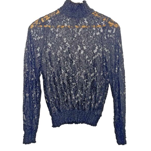 J FOR JUSTIFY Lace Sheer Blouse High Neck Romantic Long Sleeve Womens M Black - Picture 1 of 13